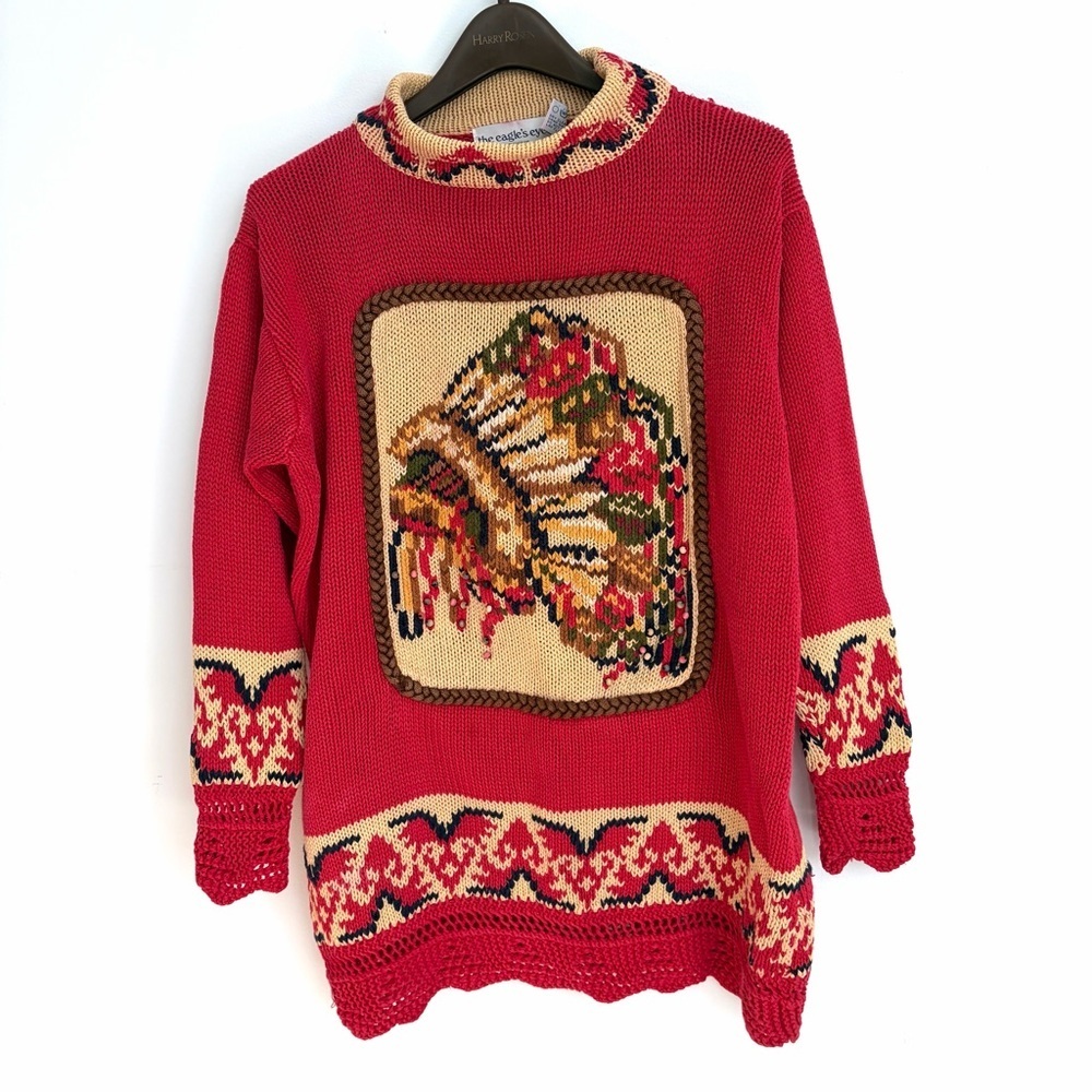 Vintage The Eagle’s Eye Hand Knit Southwestern Crochet Beaded Sweater M